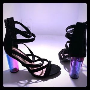 Black strap slip on rainbow block heel